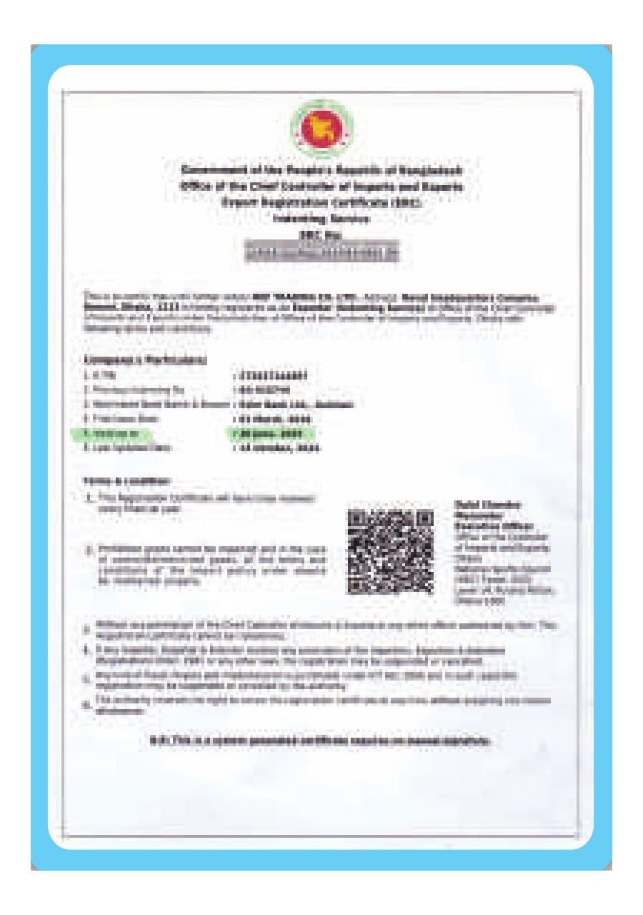 Scanned certificate: Export Registration Certificate (ERC)