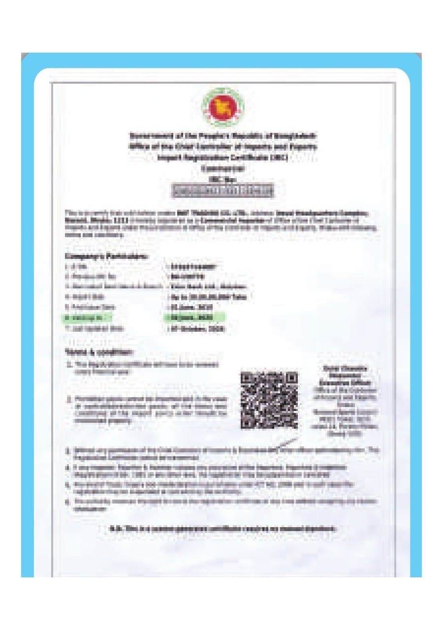 Scanned certificate: Import Registration Certificate (IRC)