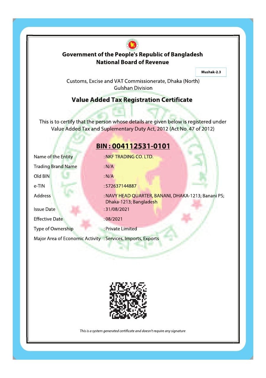 Scanned certificate: VAT Registration Certificate